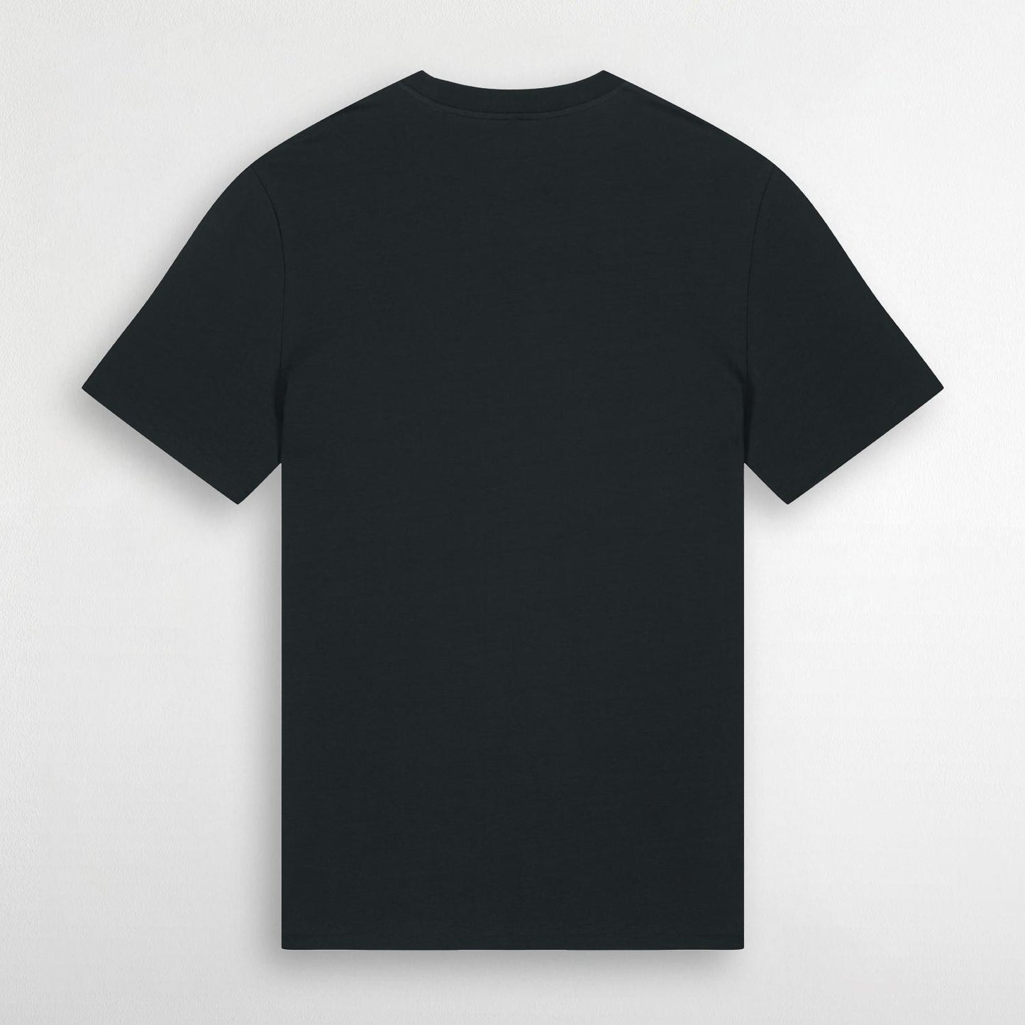 Rückansicht eines schwarzen T-Shirts mit rundem Halsausschnitt und kurzen Ärmeln. Das T-Shirt ist schlicht ohne Aufdruck oder Muster.