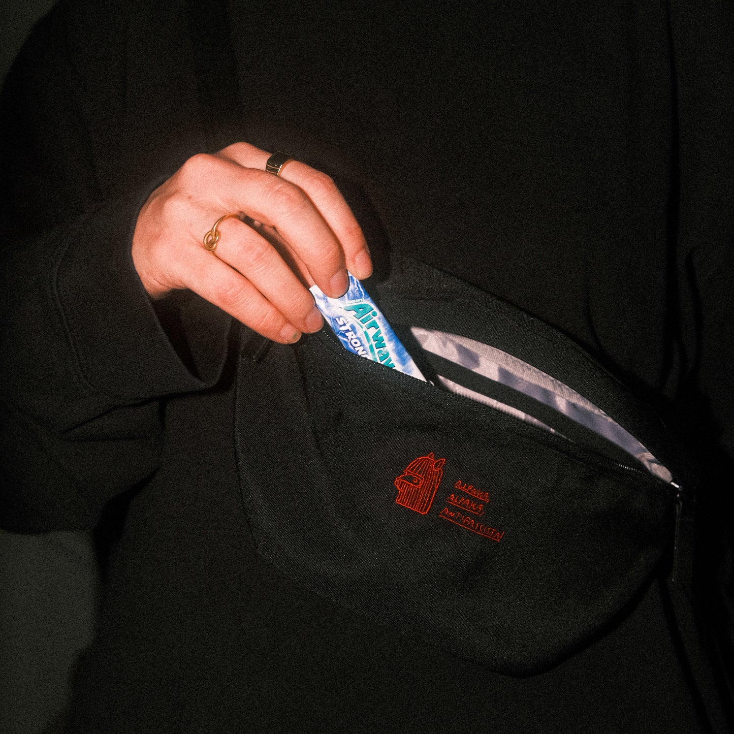 Schwarze Bauchtasche aus robustem Stoff mit Reißverschluss. Auf der Vorderseite ist ein rotes, feingesticktes Logo eines stilisierten Alpaka-Kopfs mit den Schriftzügen „ALPAKA ALPAKA ALPAKA / PERU, THE CLASSIC STA!“