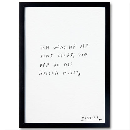 Weißes Poster mit handschriftlichem schwarzen Text auf weißem Hintergrund, eingerahmt in einem schmalen schwarzen Rahmen. Unten rechts steht „tschiff“ in kleiner Schrift. Auf dem Poster steht:
„Houston, ich hab’ sau viele Probleme“.