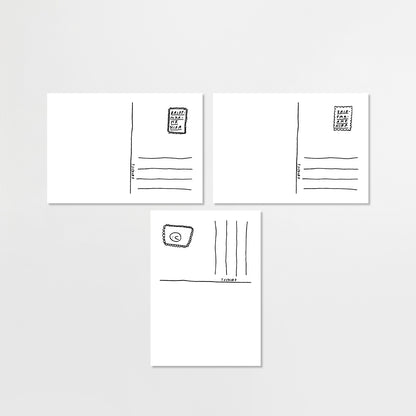Drei Rückseiten von Postkarten im schlichten, handgezeichneten Look. Links jeweils Adressfeld und gezeichnete Briefmarke.