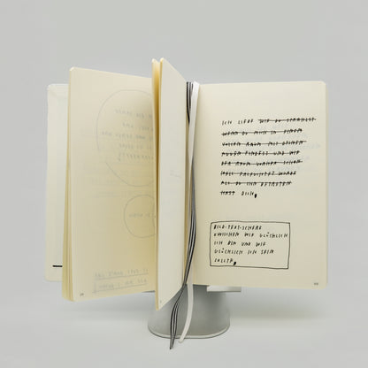 Aufgeschlagenes Buch auf silbernem Ständer. Rechts handgeschriebener Text in schwarzer Schrift, viele Zeilen durchgestrichen, zuletzt lesbar:
„hast dich,“.
Darunter in einem Kasten:
„Bild-Text-Schere
zwischen wie glücklich
ich bin und wie
glücklich ich sein
sollte.“
Zwei Lesezeichenbänder, schwarz-weiß gestreift und weiß, hängen unten heraus.