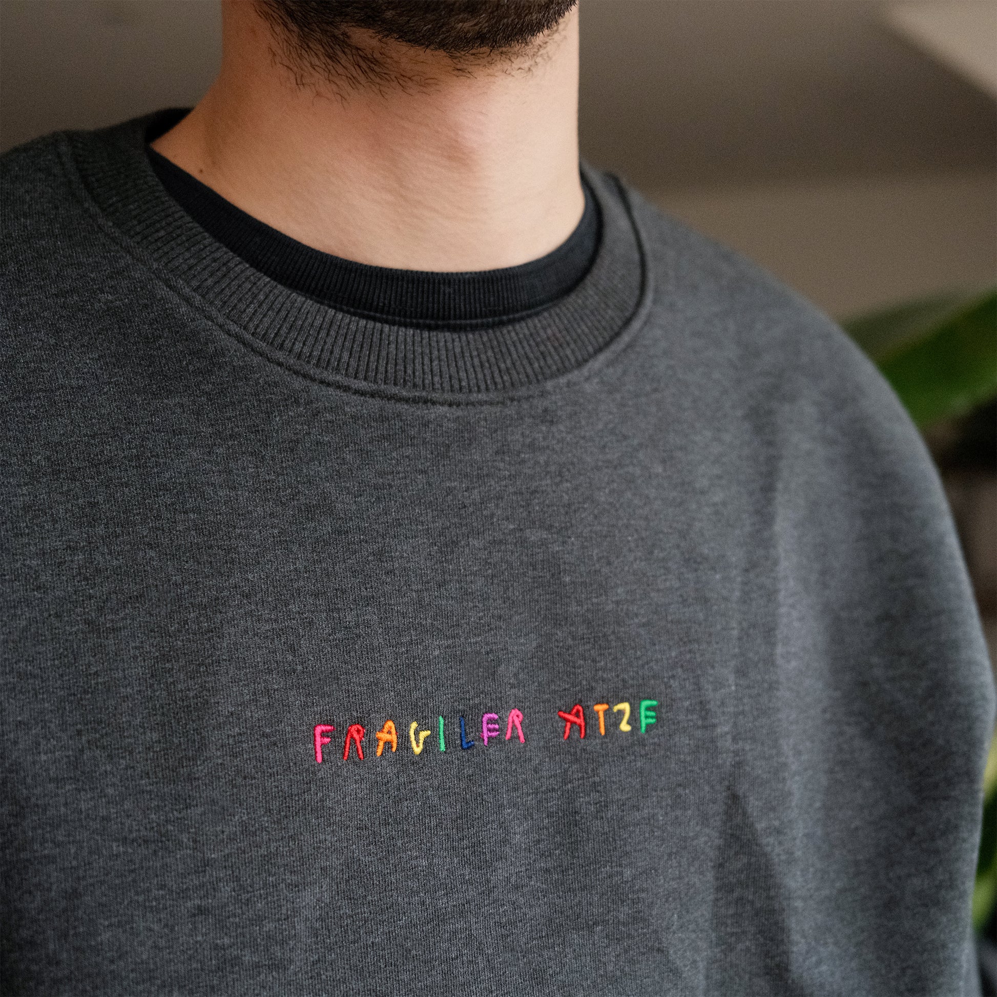 Nahaufnahme eines dunkelgrauen Pullovers mit Rundhalsausschnitt. Auf der Brust ist der Schriftzug „FRAGILER ATZF“ in bunten, einzeln bestickten Großbuchstaben zu sehen.
